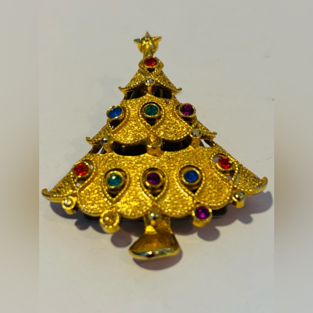 Colorful Christmas Tree Pin/Pendant Holiday Bright Gold Tone Jewelry.